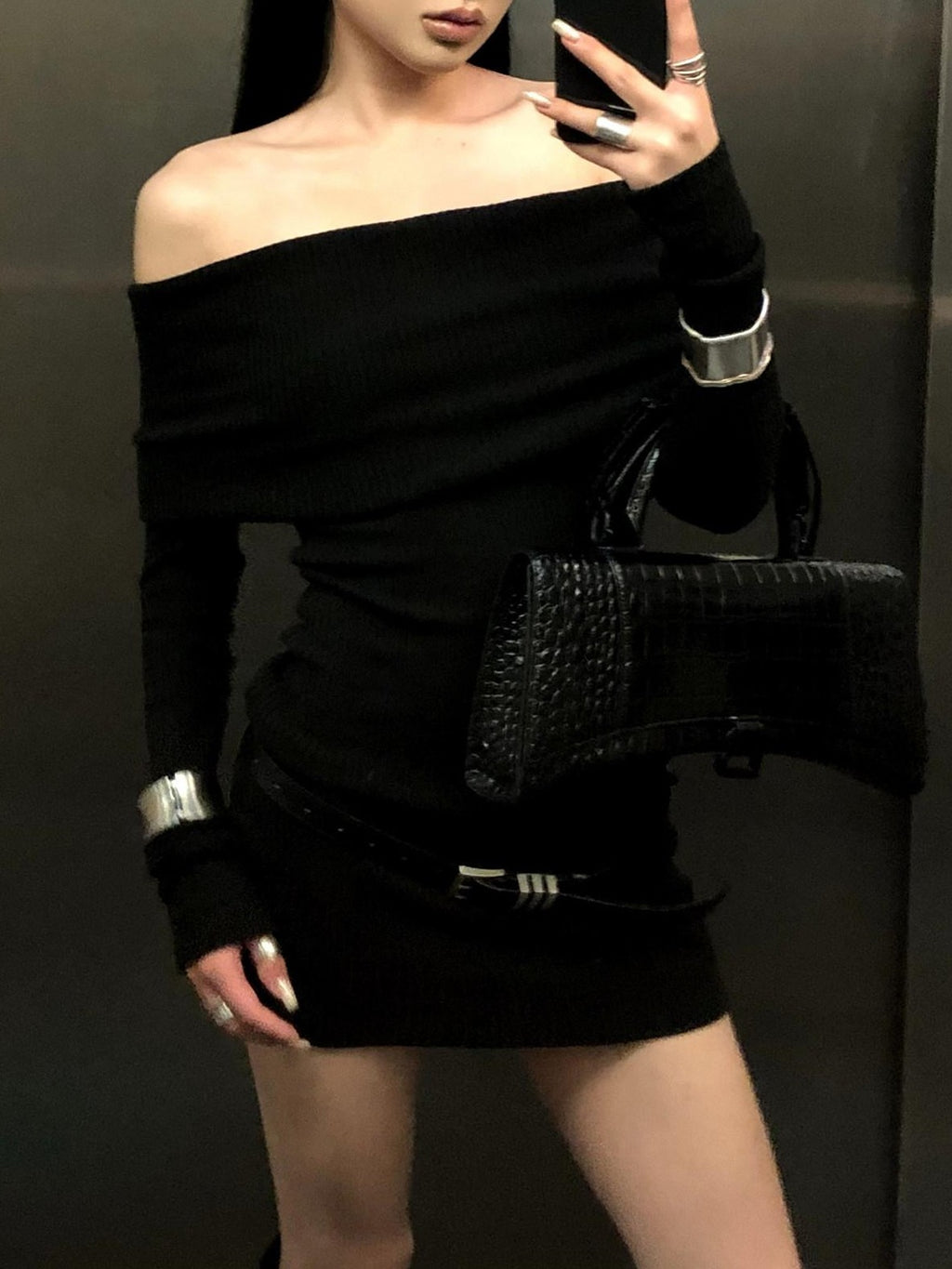 Fanptntox Black Off Shoulder Long Sleeve High Waist Solid Women's Bodycon Mini Dresses