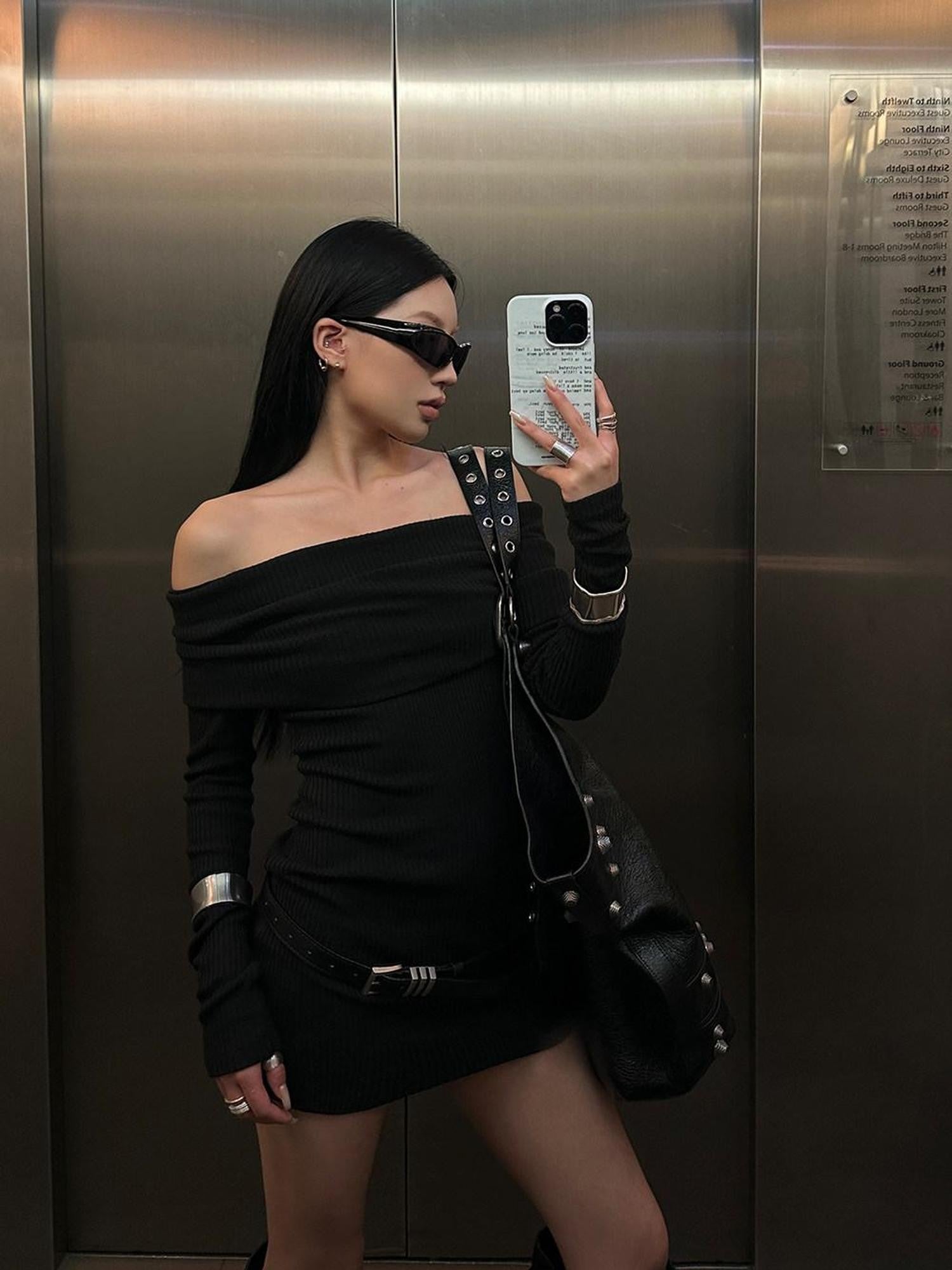 Fanptntox Black Off Shoulder Long Sleeve High Waist Solid Women's Bodycon Mini Dresses