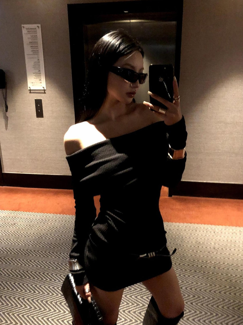 Fanptntox Black Off Shoulder Long Sleeve High Waist Solid Women's Bodycon Mini Dresses