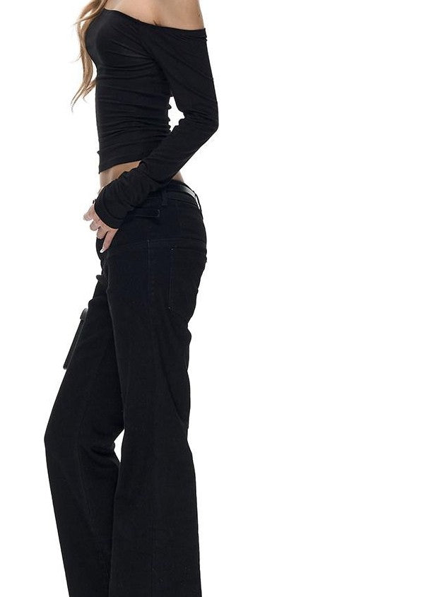 Fanptntox Black Off Shoulder Slim Knit Women's Viscose Stretch Long Sleeve T-shirts