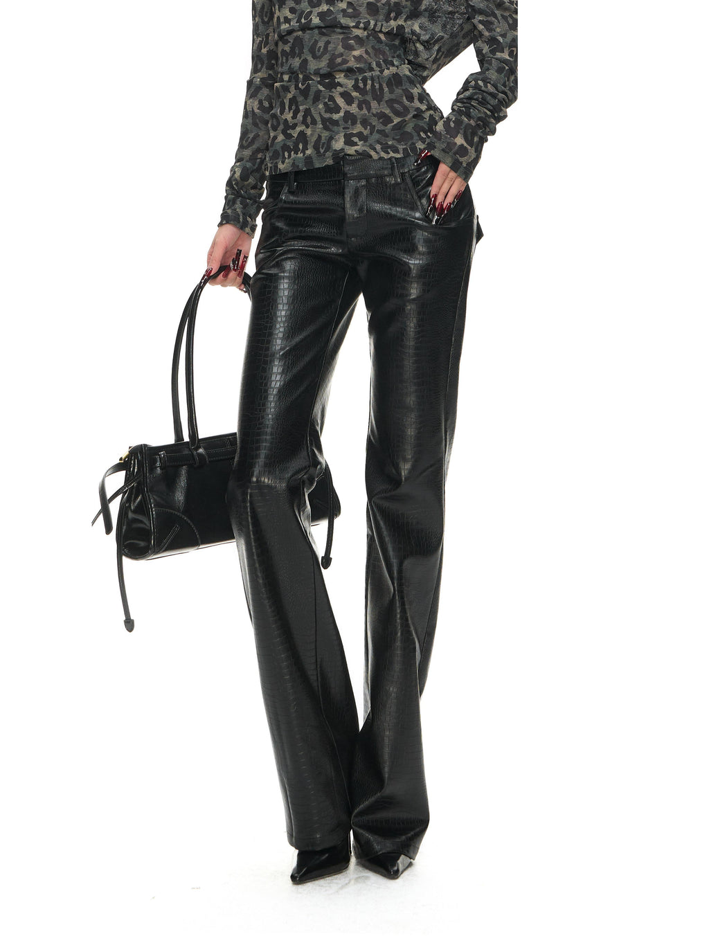 Fanptntox_Black_Oil_Wax_Snake_Skin_Low_Rise_Slim_Micro_Flare_Women's_Pu_Leather_Pants_1021975776092_MISSTT