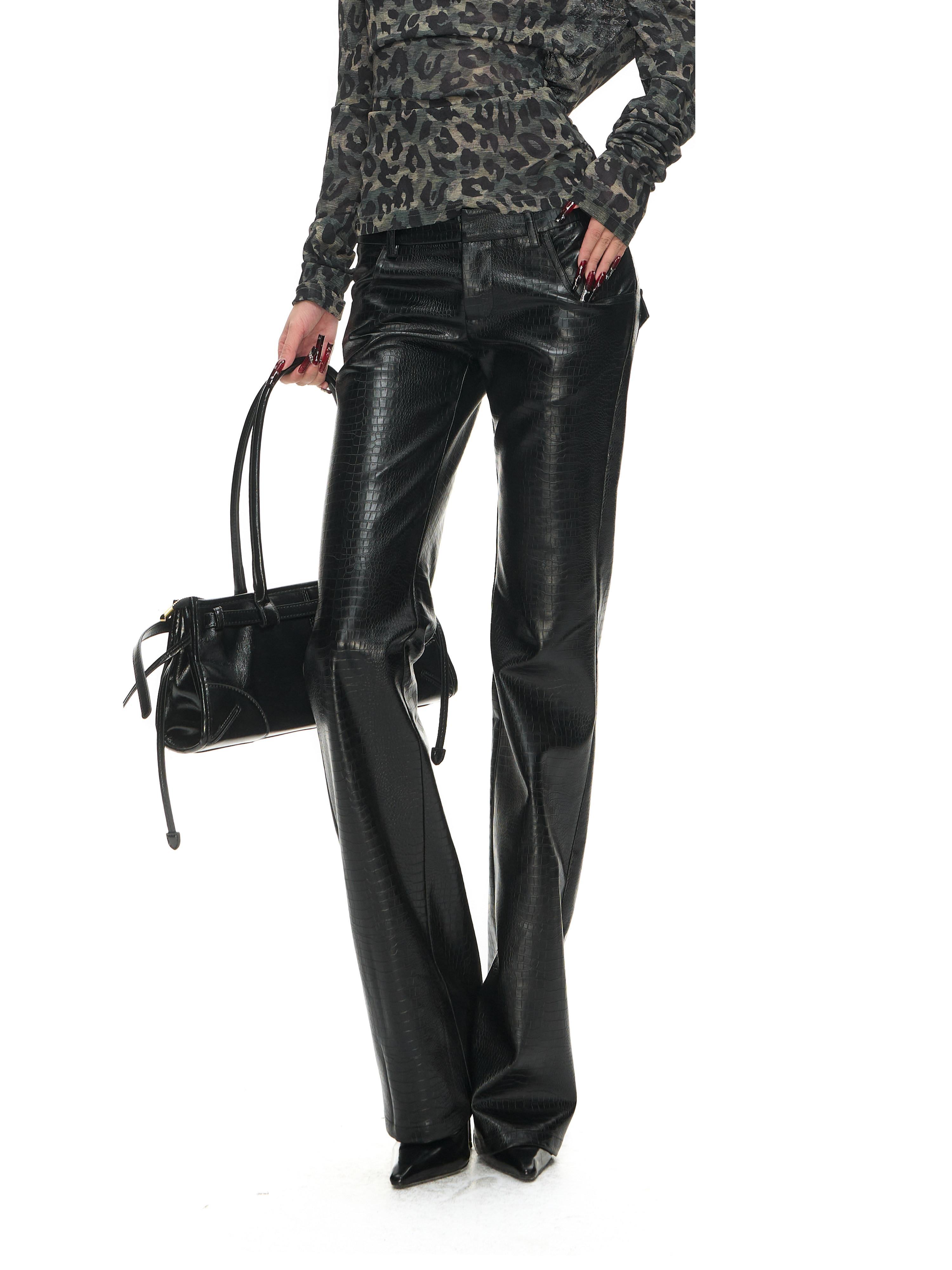 Fanptntox_Black_Oil_Wax_Snake_Skin_Low_Rise_Slim_Micro_Flare_Women's_Pu_Leather_Pants_1021975776092_MISSTT
