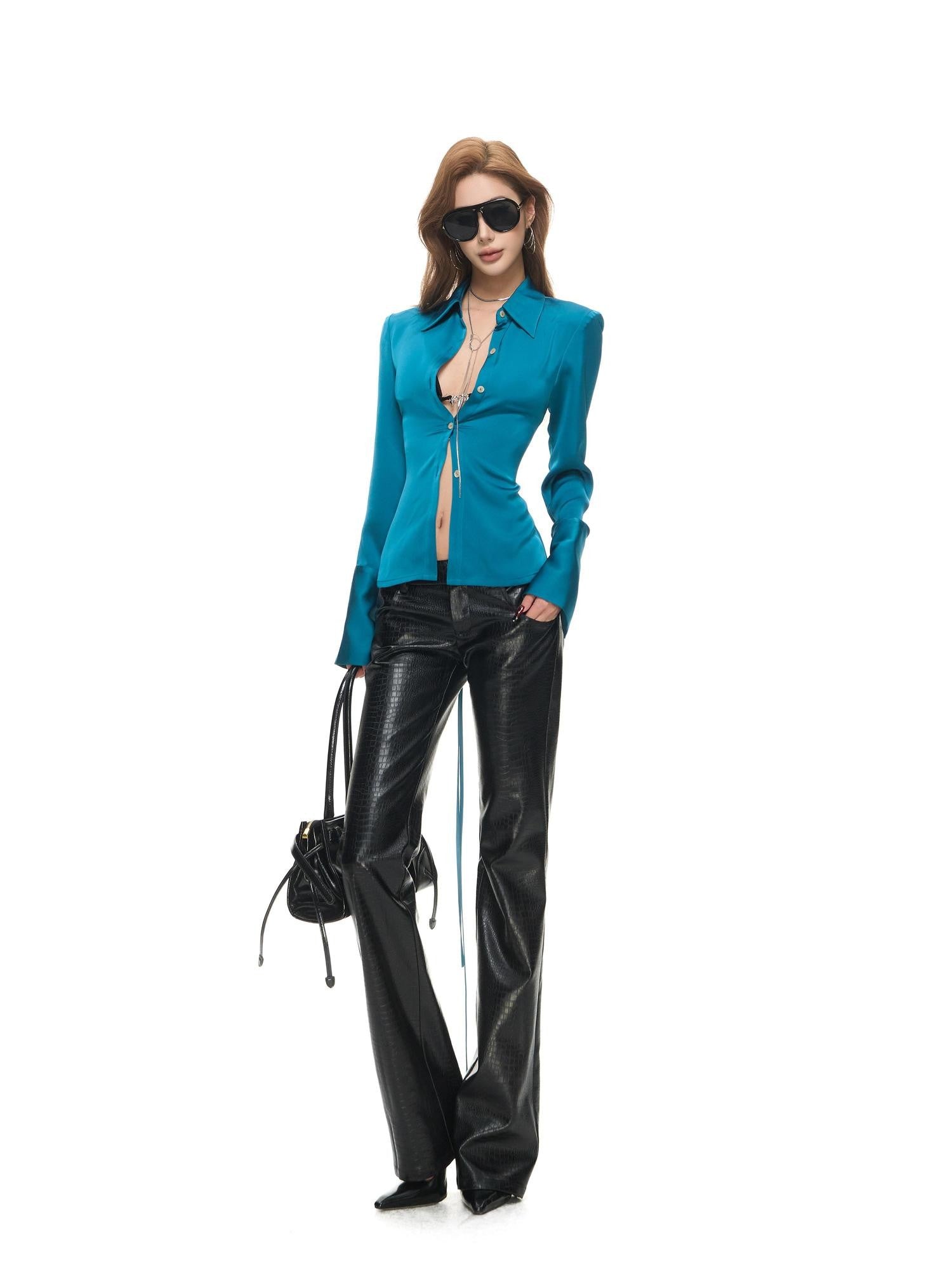 Fanptntox Black Oil Wax Snake Skin Low Rise Slim Micro Flare Women's Pu Leather Pants
