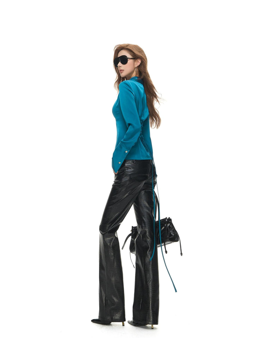 Fanptntox Black Oil Wax Snake Skin Low Rise Slim Micro Flare Women's Pu Leather Pants