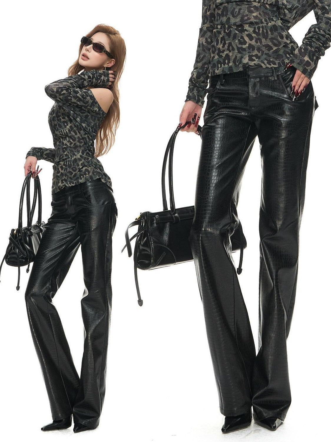 Fanptntox Black Oil Wax Snake Skin Low Rise Slim Micro Flare Women's Pu Leather Pants