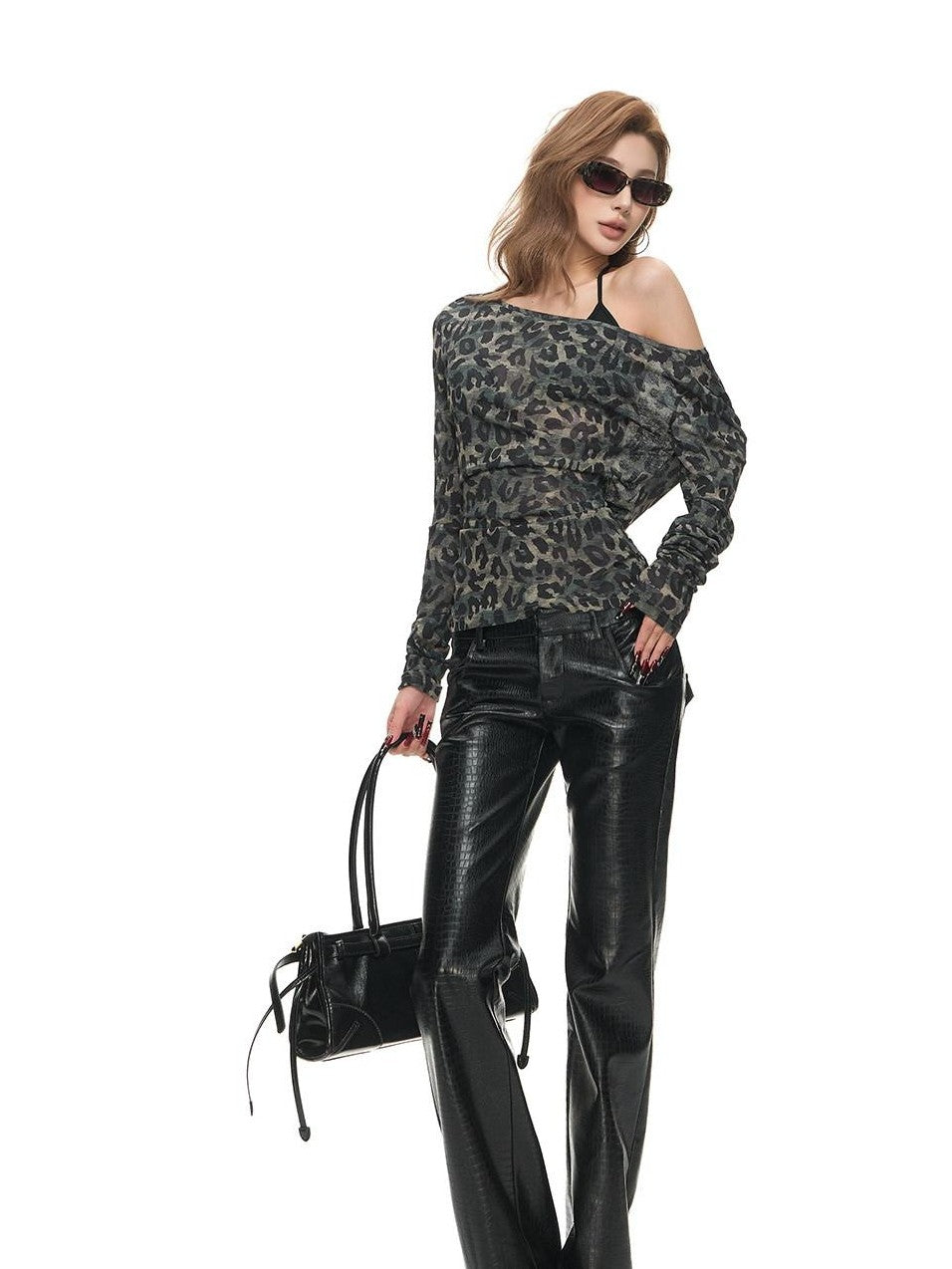 Fanptntox Black Oil Wax Snake Skin Low Rise Slim Micro Flare Women's Pu Leather Pants