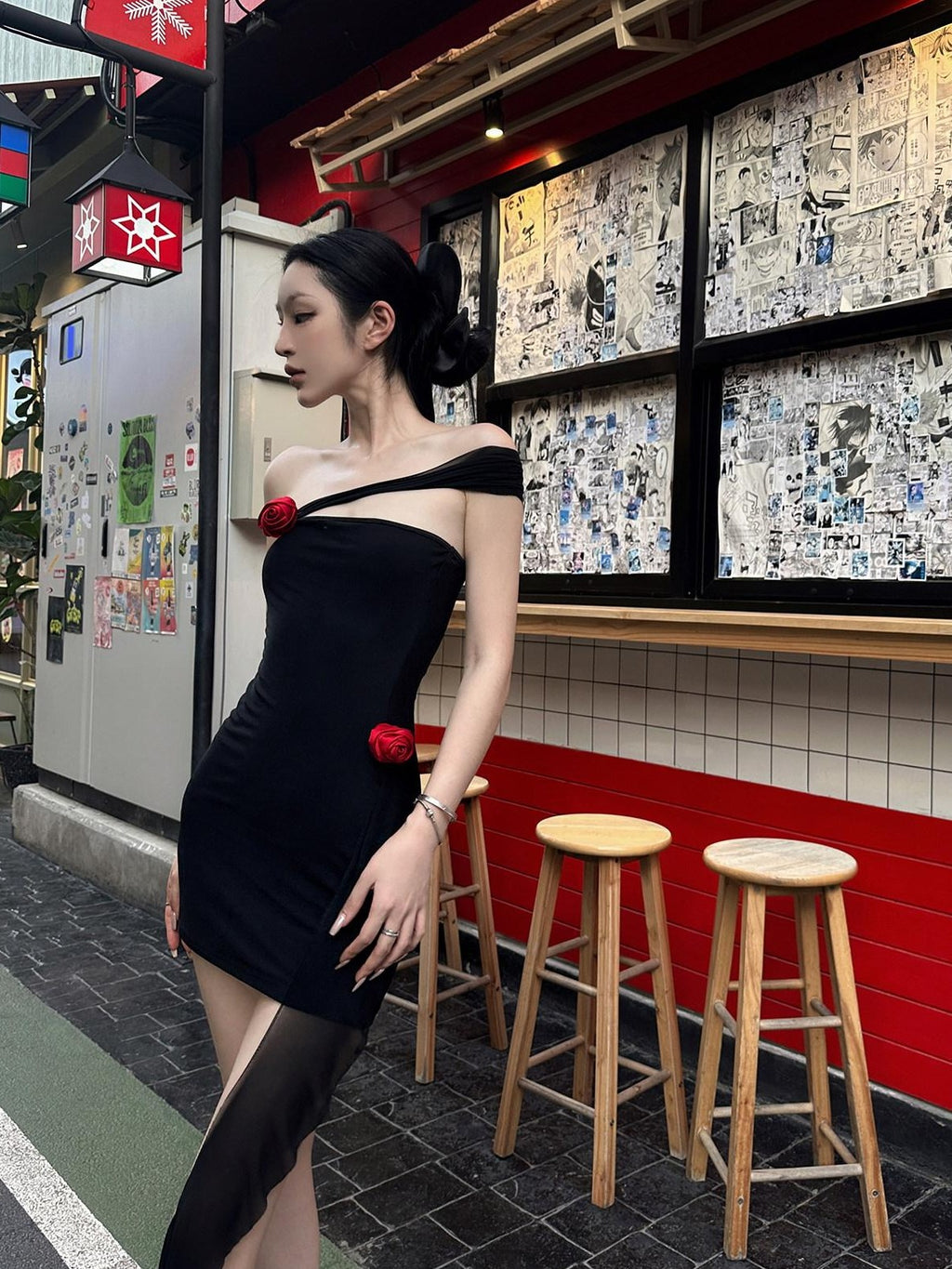 Fanptntox Black One Shoulder Bustier Slim High Waist Women's Bodycon Mini Dresses