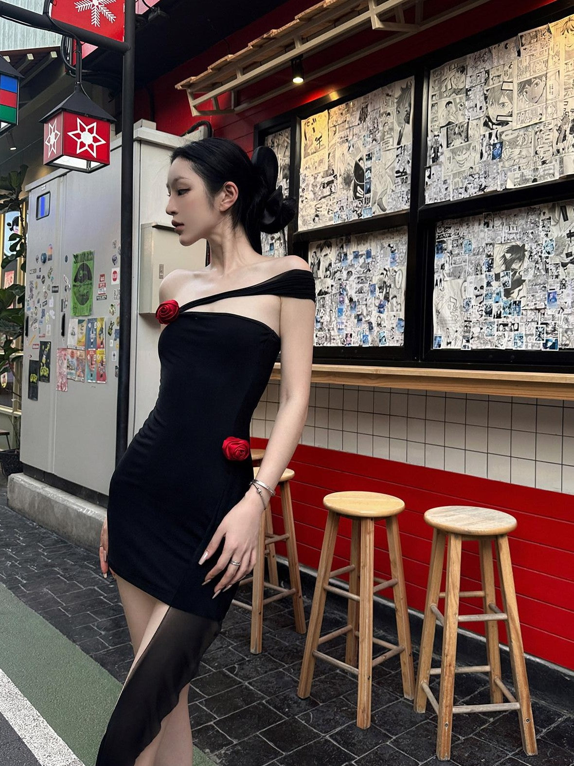 Fanptntox Black One Shoulder Bustier Slim High Waist Women's Bodycon Mini Dresses