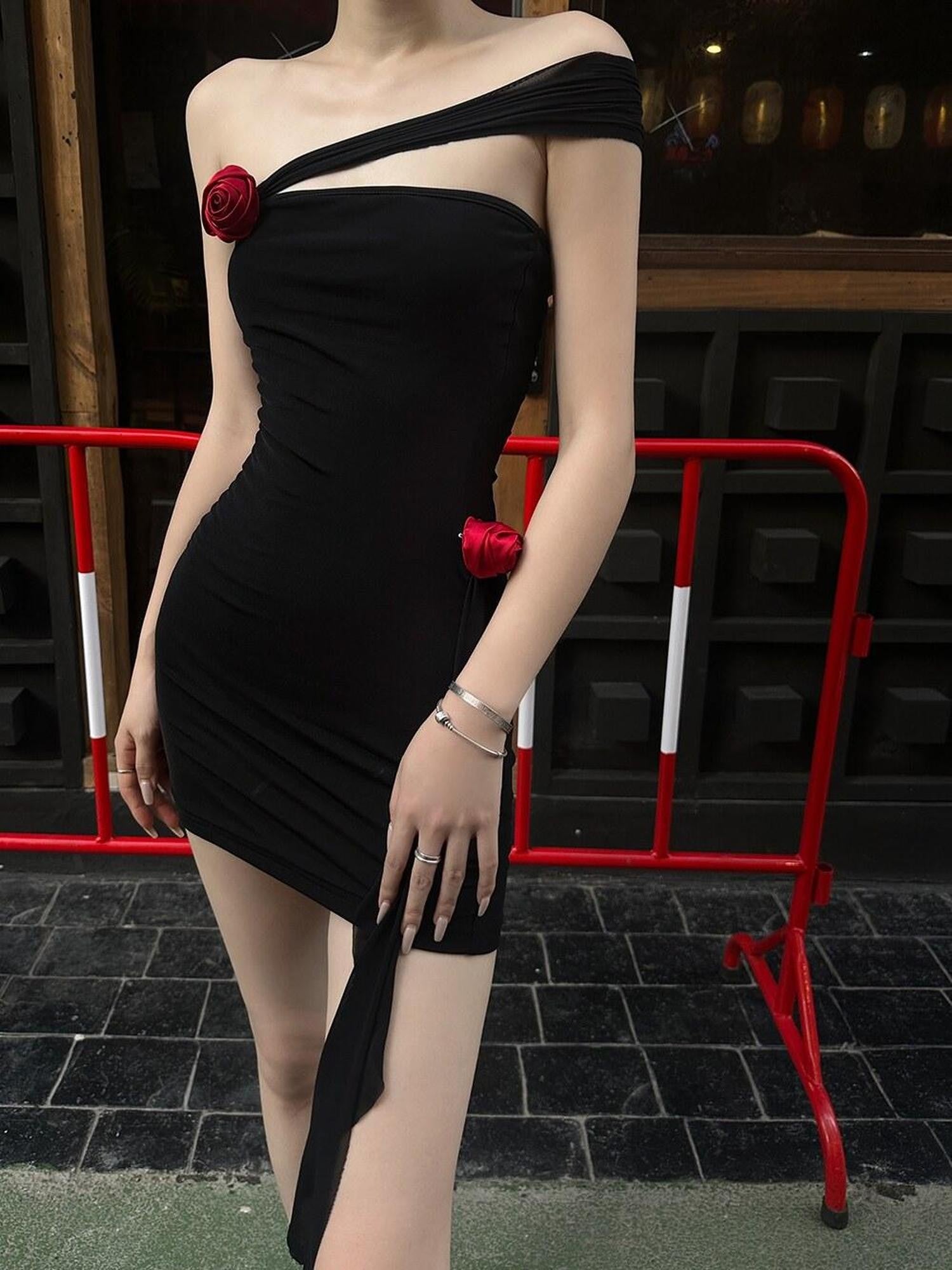 Fanptntox Black One Shoulder Bustier Slim High Waist Women's Bodycon Mini Dresses