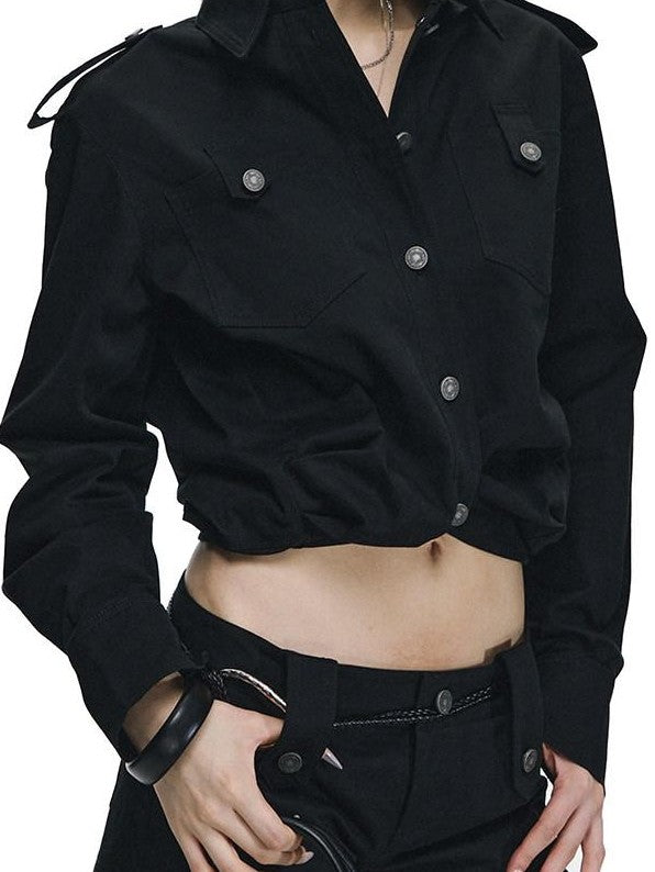 Fanptntox Black Oversized Cargo Shirt Jacket Women's Cotton Casual Top & Shorts Sets