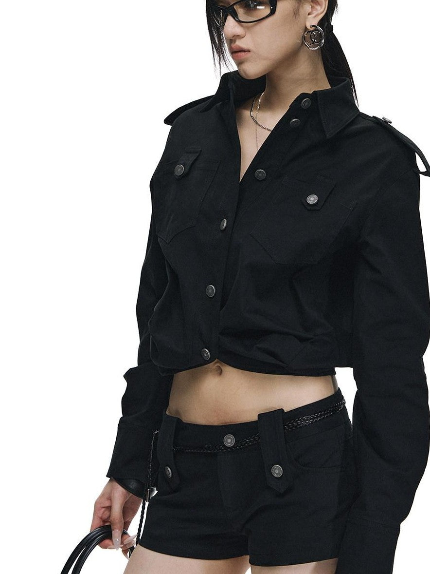 Fanptntox Black Oversized Cargo Shirt Jacket Women's Cotton Casual Top & Shorts Sets