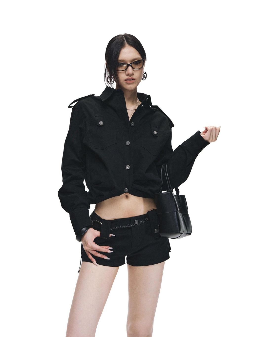 Fanptntox Black Oversized Cargo Shirt Jacket Women's Cotton Casual Top & Shorts Sets
