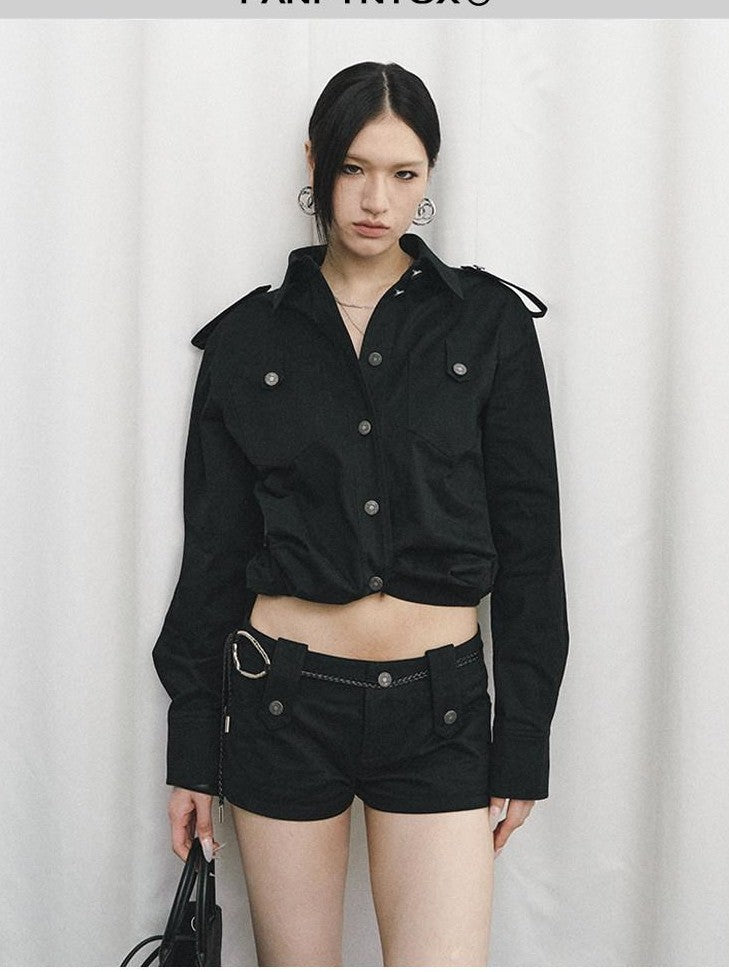 Fanptntox Black Oversized Cargo Shirt Jacket Women's Cotton Casual Top & Shorts Sets