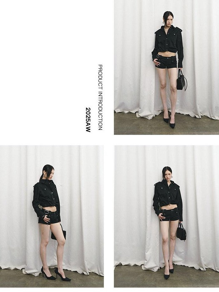 Fanptntox Black Oversized Cargo Shirt Jacket Women's Cotton Casual Top & Shorts Sets