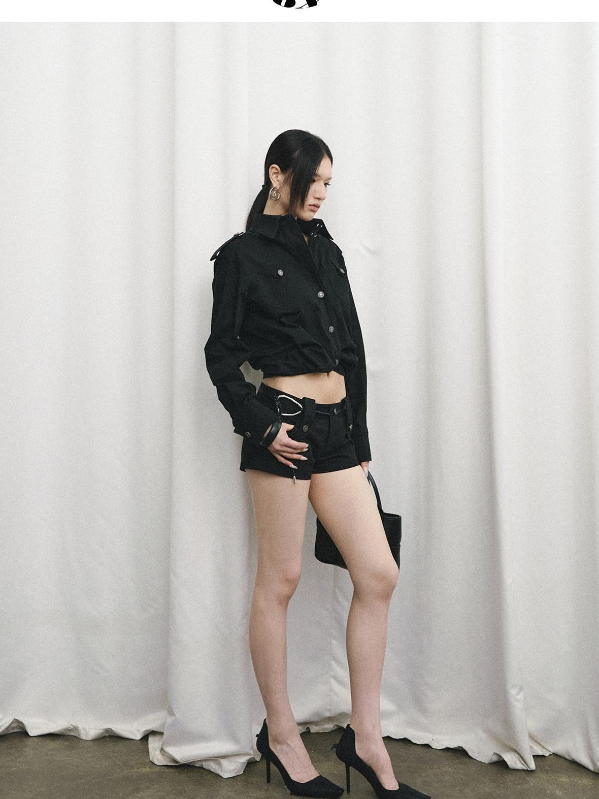 Fanptntox Black Oversized Cargo Shirt Jacket Women's Cotton Casual Top & Shorts Sets