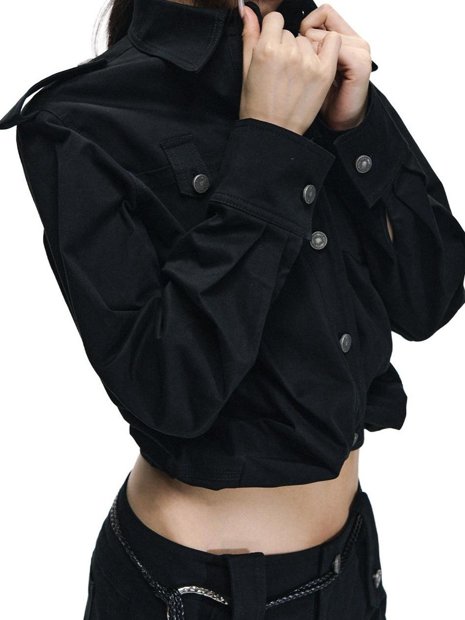 Fanptntox Black Oversized Cargo Shirt Jacket Women's Cotton Casual Top & Shorts Sets