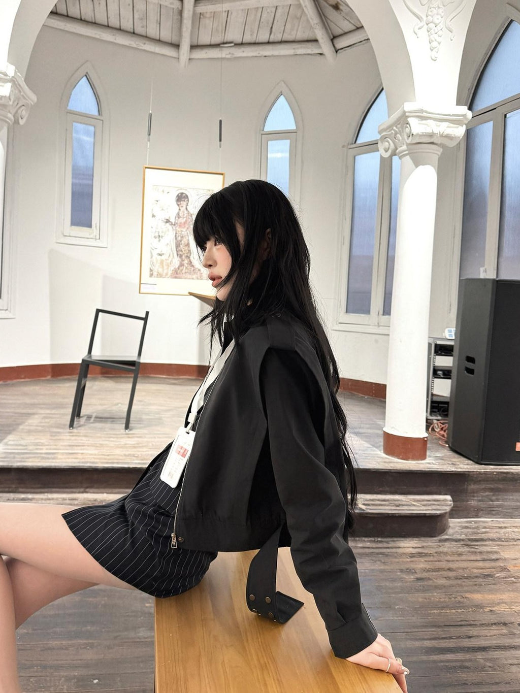 Fanptntox Black Padded Shoulder Cropped Stand Collar Zip Front Women's Moto Jackets