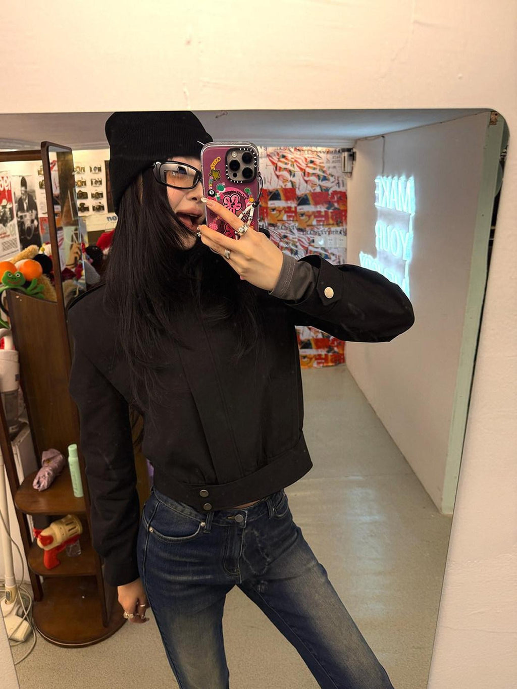 Fanptntox Black Padded Shoulder Cropped Stand Collar Zip Front Women's Moto Jackets