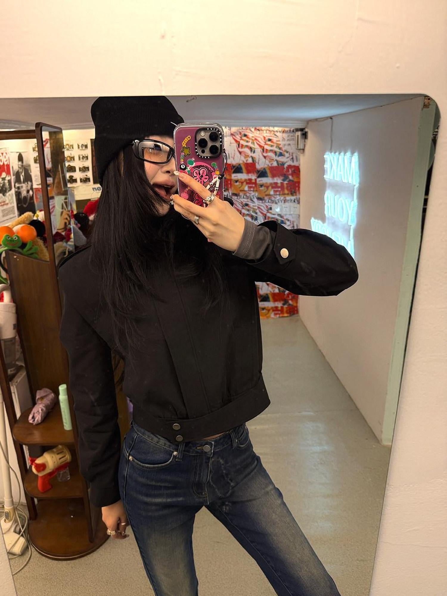 Fanptntox Black Padded Shoulder Cropped Stand Collar Zip Front Women's Moto Jackets
