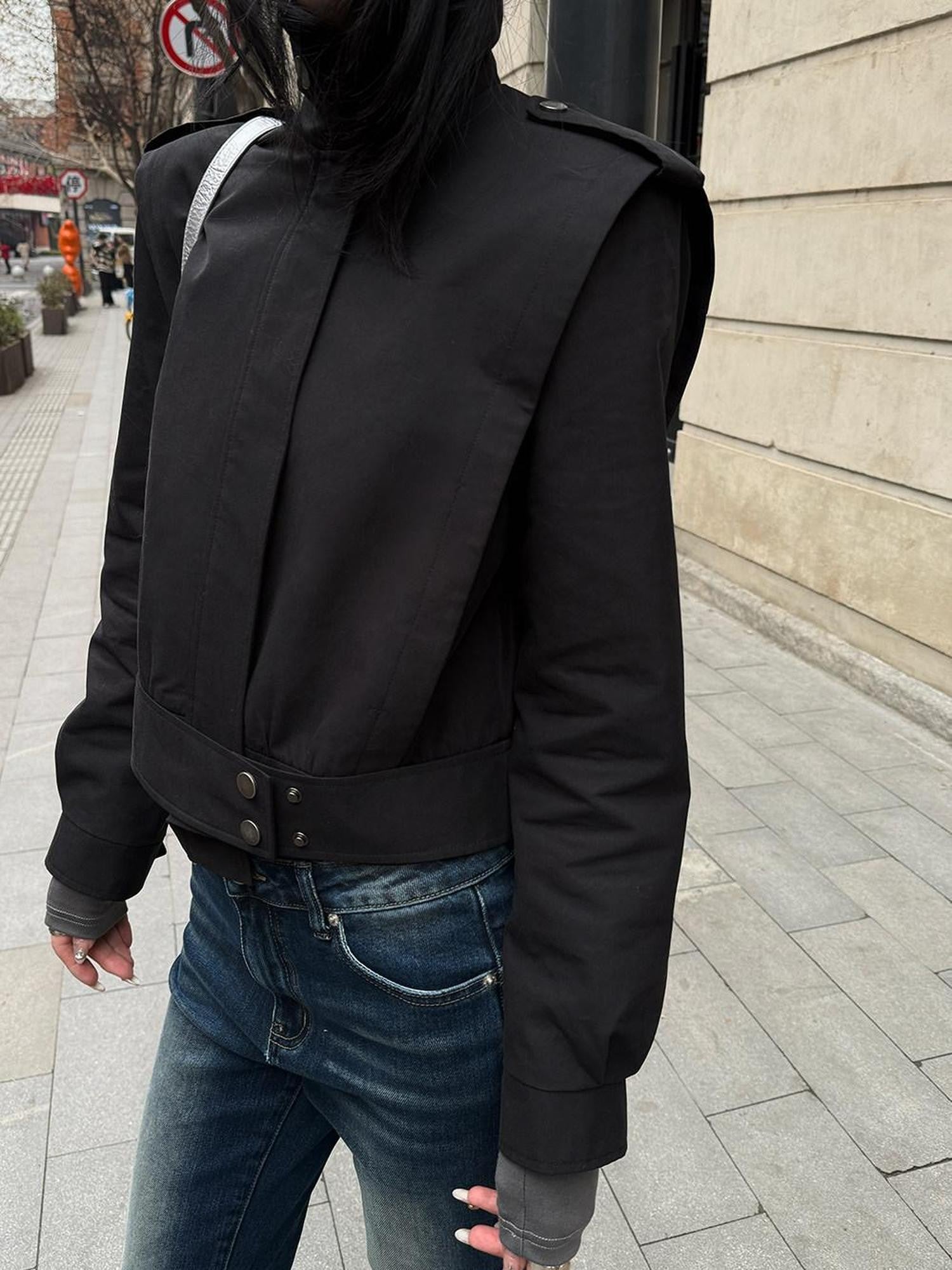 Fanptntox Black Padded Shoulder Cropped Stand Collar Zip Front Women's Moto Jackets