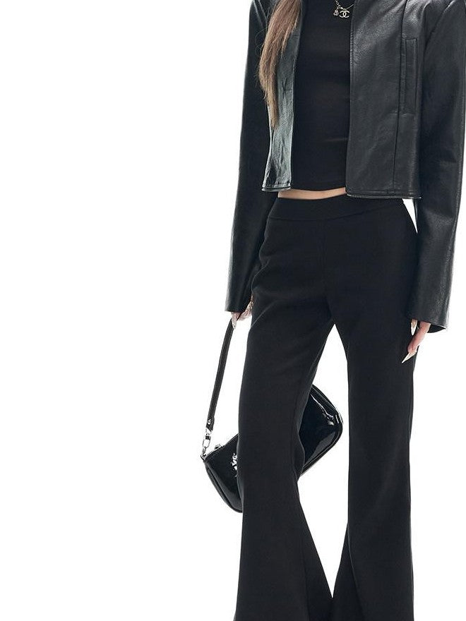 Fanptntox Black Padded Shoulder Panel Zip Stand Collar Women's Pu Leather Jackets