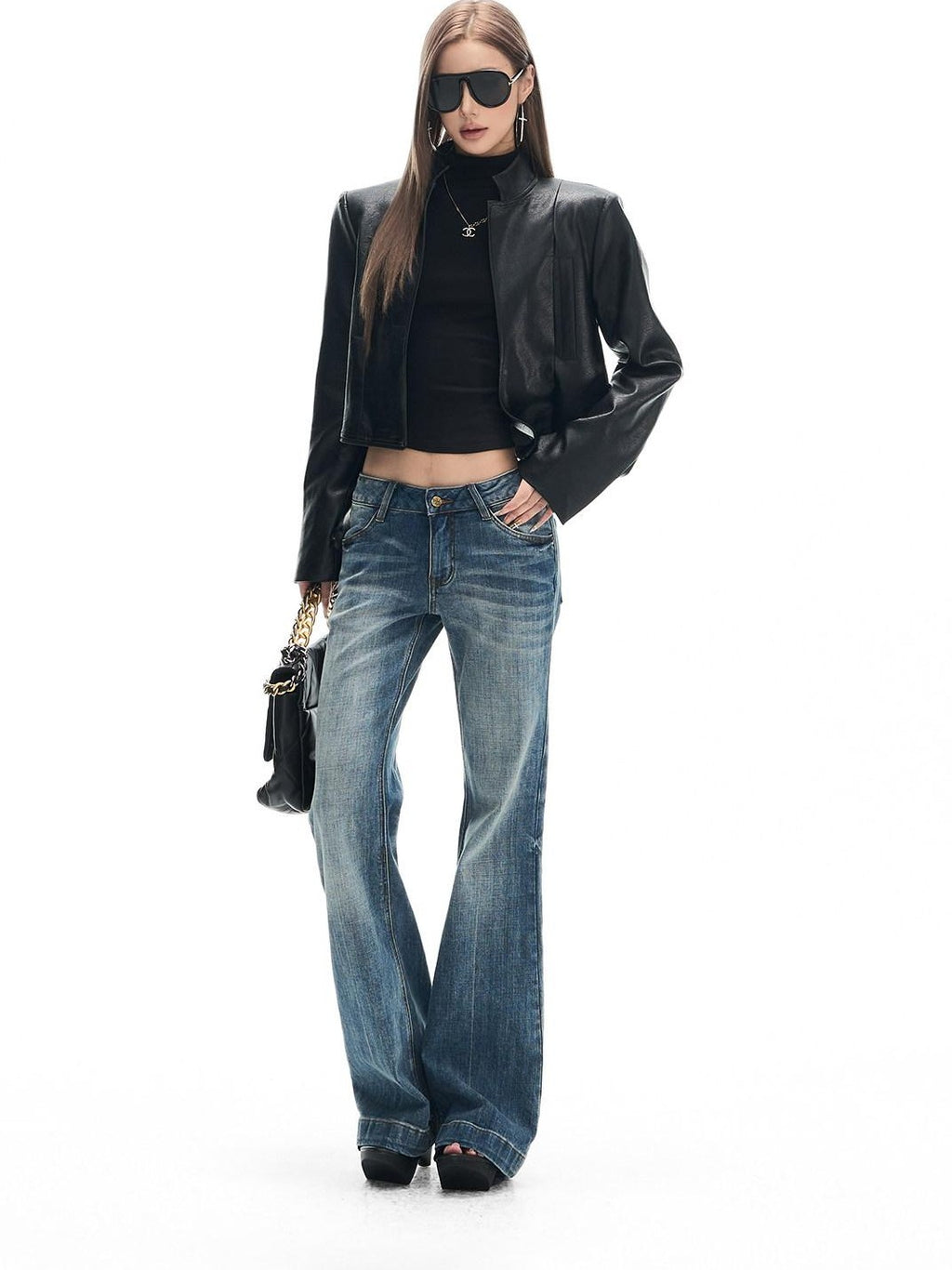 Fanptntox Black Padded Shoulder Panel Zip Stand Collar Women's Pu Leather Jackets