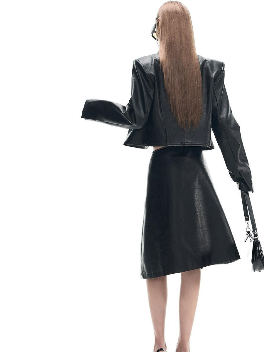 Fanptntox Black Padded Shoulder Panel Zip Stand Collar Women's Pu Leather Jackets