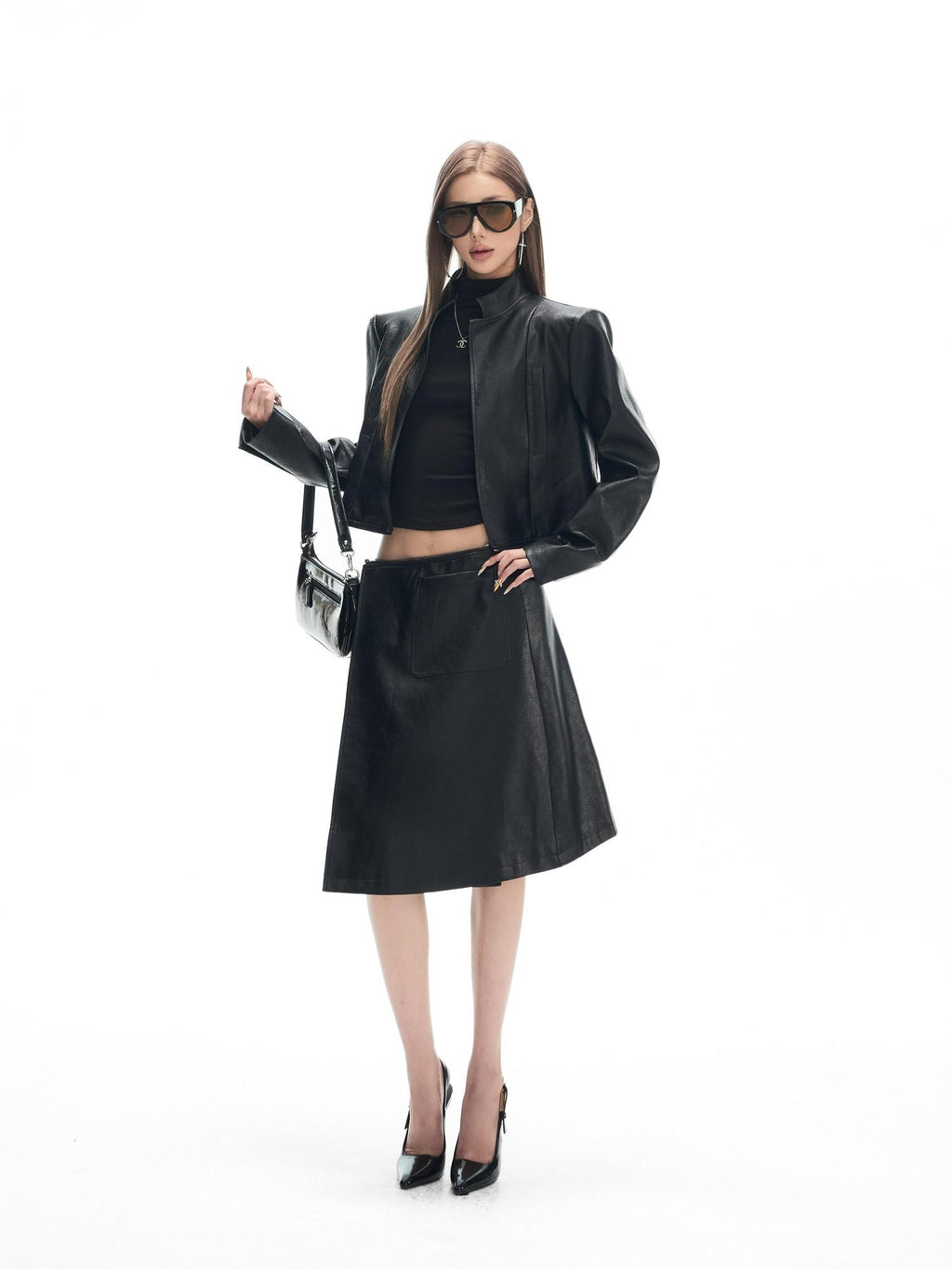 Fanptntox Black Padded Shoulder Panel Zip Stand Collar Women's Pu Leather Jackets