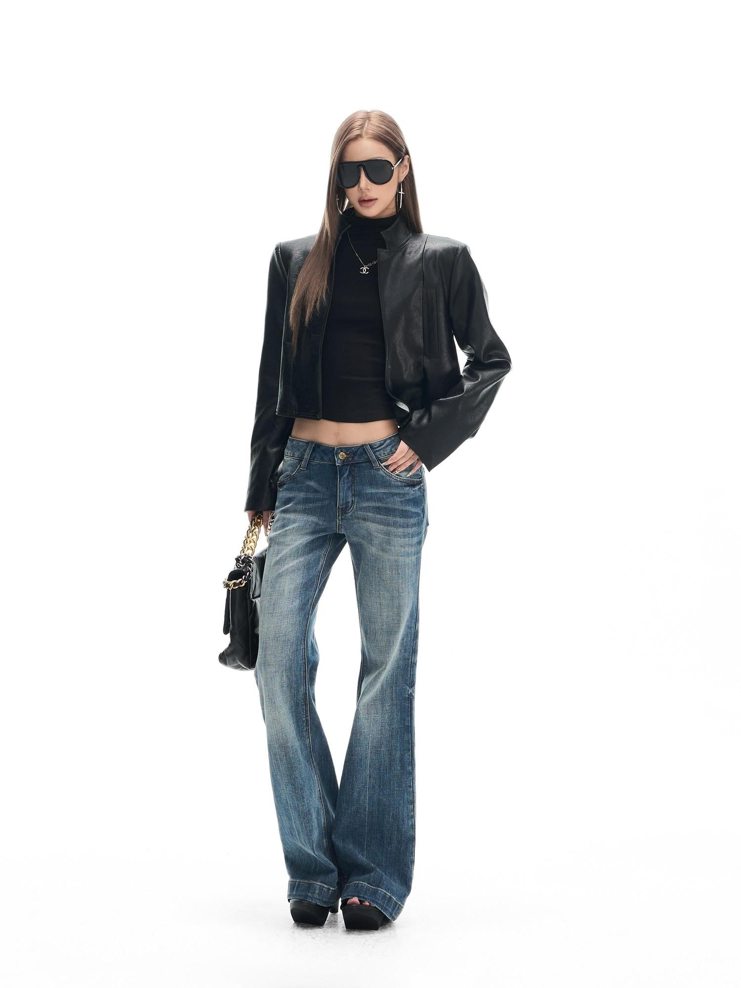 Fanptntox Black Padded Shoulder Panel Zip Stand Collar Women's Pu Leather Jackets