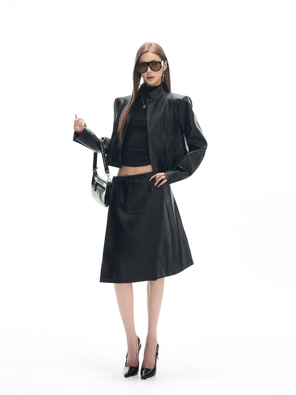 Fanptntox Black Padded Shoulder Panel Zip Stand Collar Women's Pu Leather Jackets
