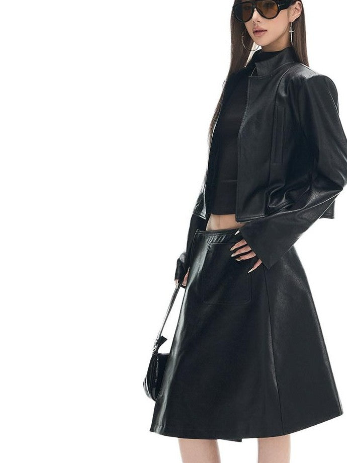 Fanptntox Black Padded Shoulder Panel Zip Stand Collar Women's Pu Leather Jackets
