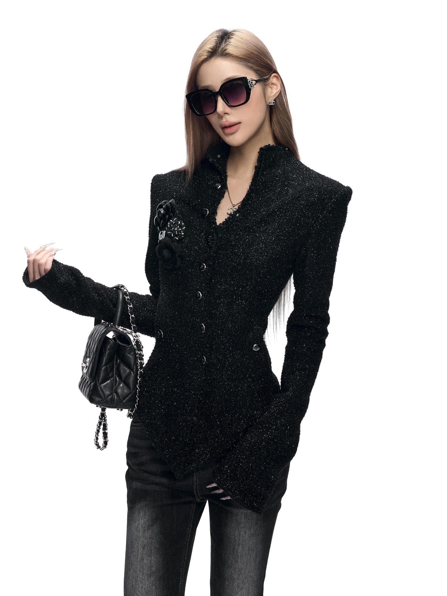 Fanptntox Black Padded Stand Collar Slim Waist Shimmer Women's Wool Tweed Jackets
