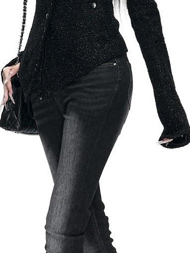 Fanptntox Black Padded Stand Collar Slim Waist Shimmer Women's Wool Tweed Jackets