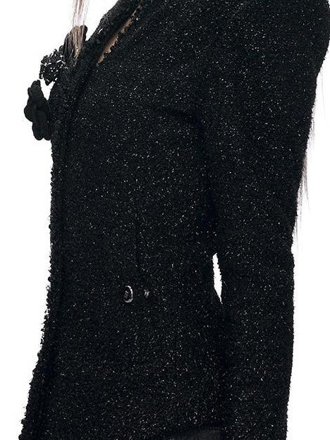 Fanptntox Black Padded Stand Collar Slim Waist Shimmer Women's Wool Tweed Jackets