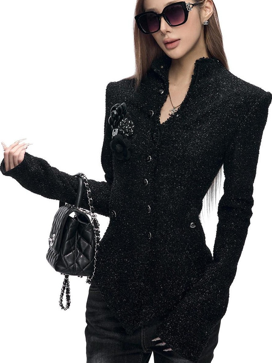 Fanptntox Black Padded Stand Collar Slim Waist Shimmer Women's Wool Tweed Jackets