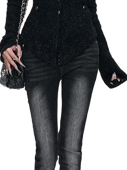 Fanptntox Black Padded Stand Collar Slim Waist Shimmer Women's Wool Tweed Jackets