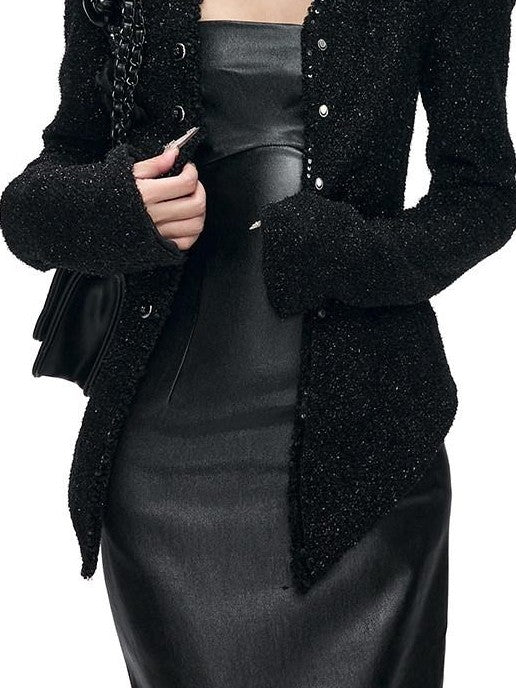 Fanptntox Black Padded Stand Collar Slim Waist Shimmer Women's Wool Tweed Jackets