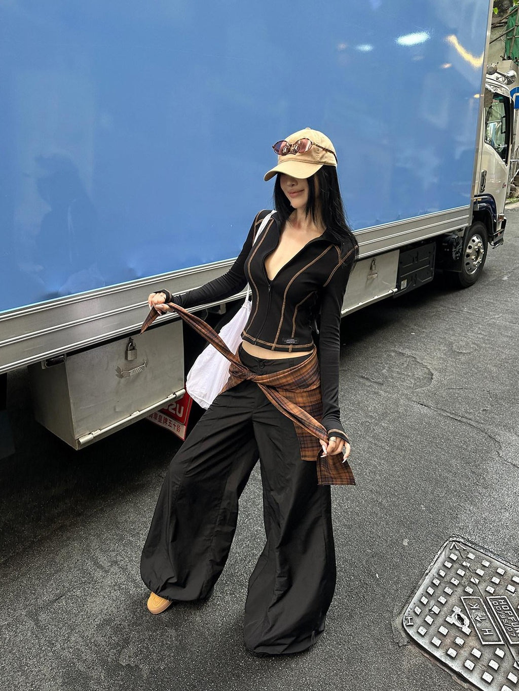 Fanptntox Black Parachute Paperbag Low Waist Tactical Women's Other Fabric Wide-leg Pants
