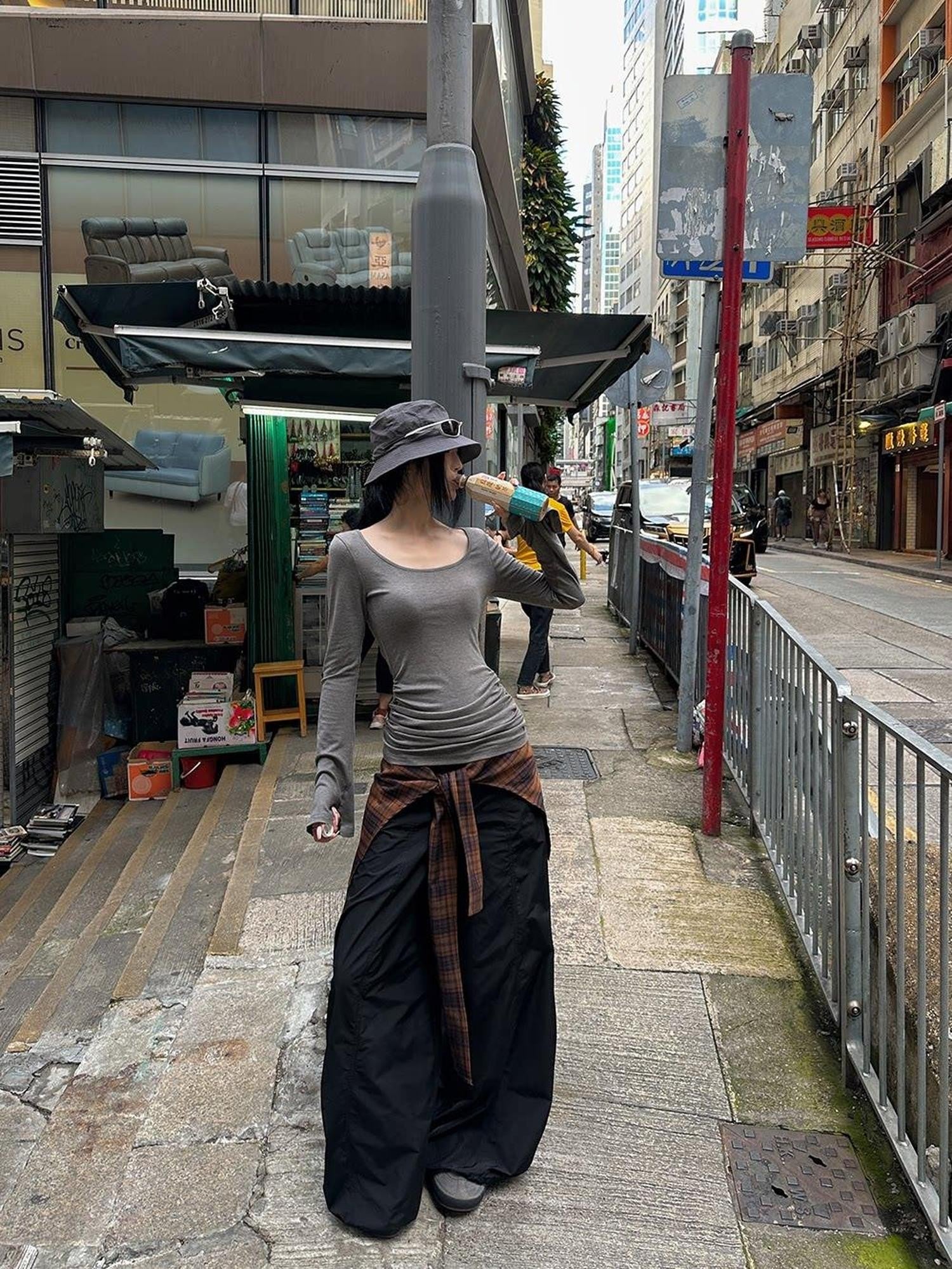 Fanptntox Black Parachute Paperbag Low Waist Tactical Women's Other Fabric Wide-leg Pants