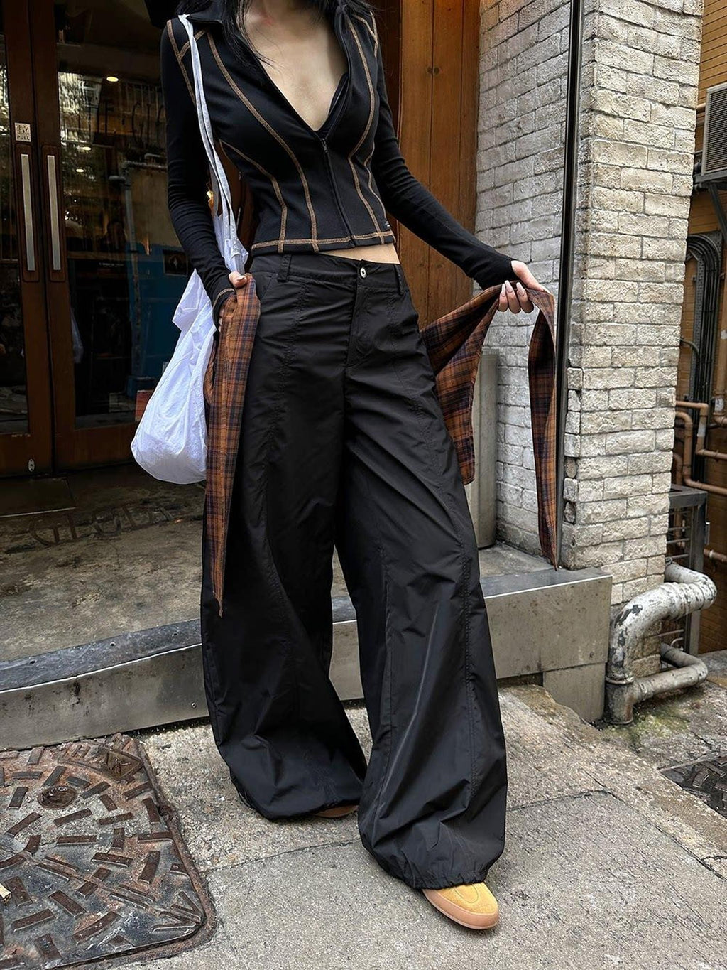 Fanptntox Black Parachute Paperbag Low Waist Tactical Women's Other Fabric Wide-leg Pants