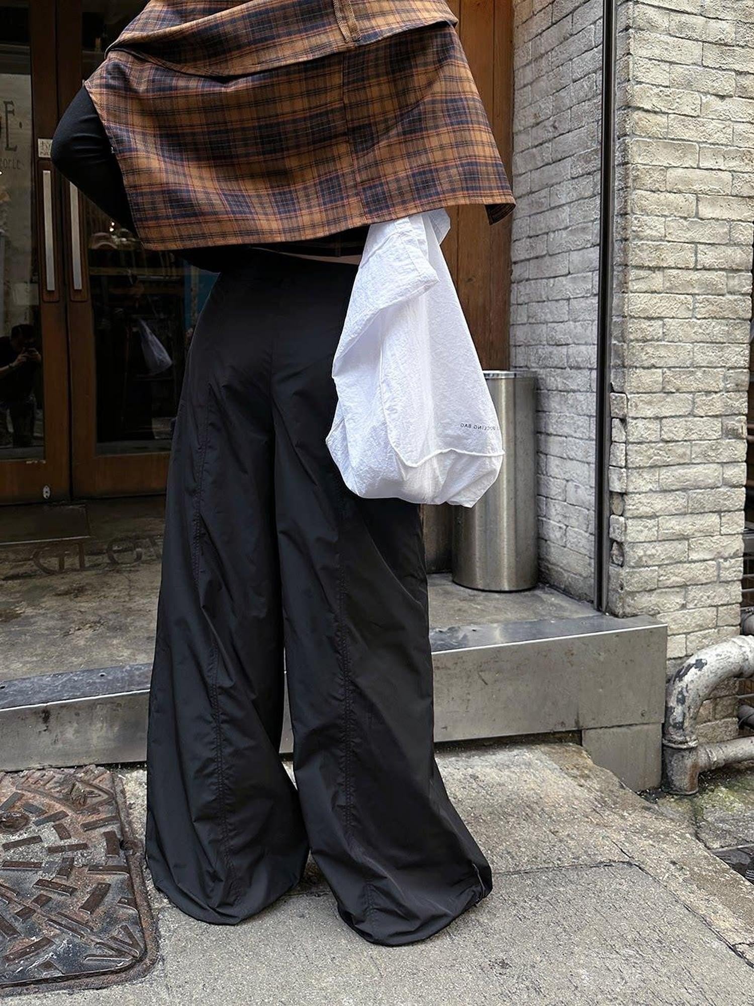 Fanptntox Black Parachute Paperbag Low Waist Tactical Women's Other Fabric Wide-leg Pants
