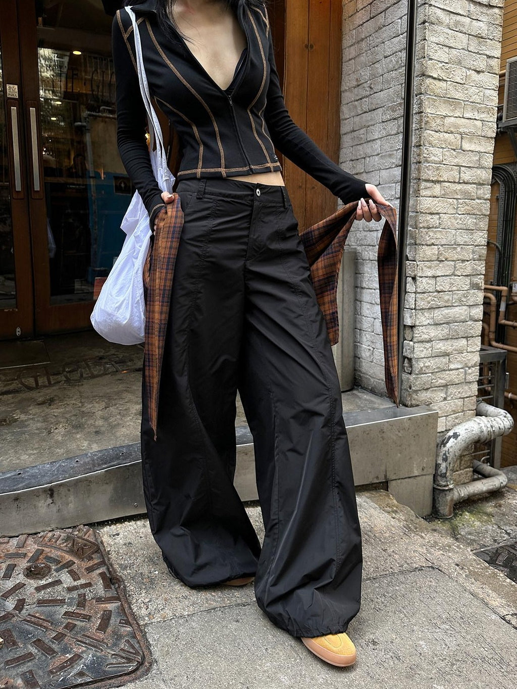Fanptntox Black Parachute Paperbag Low Waist Tactical Women's Other Fabric Wide-leg Pants