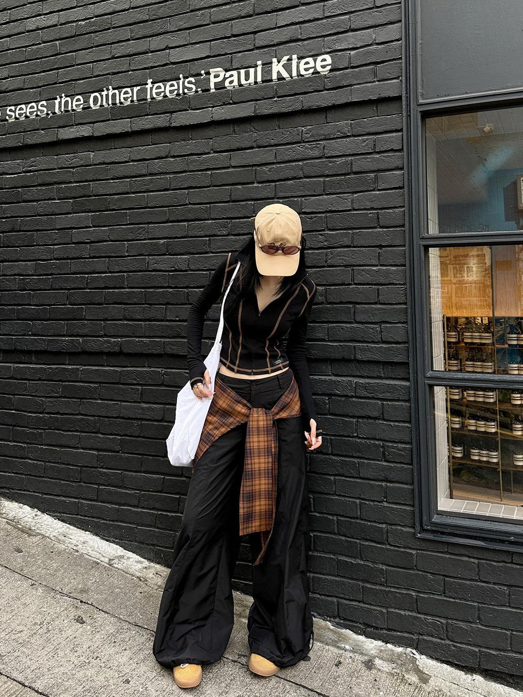 Fanptntox Black Parachute Paperbag Low Waist Tactical Women's Other Fabric Wide-leg Pants