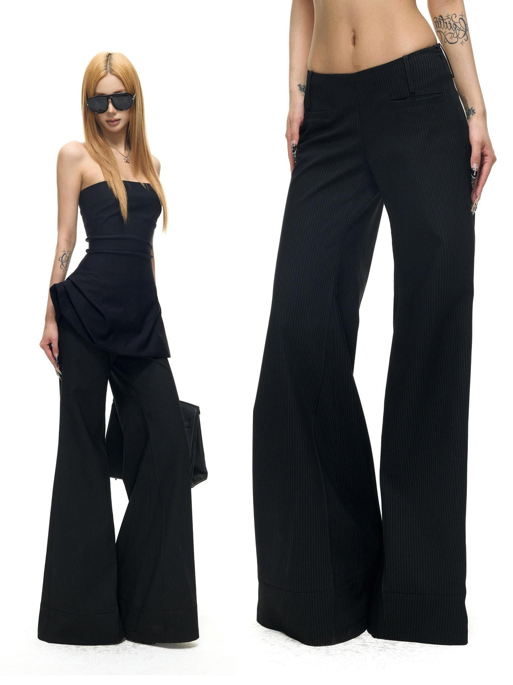 Fanptntox Black Pinstripe Slim Micro Flare Women's Poly Viscose Blend Tailored Pants