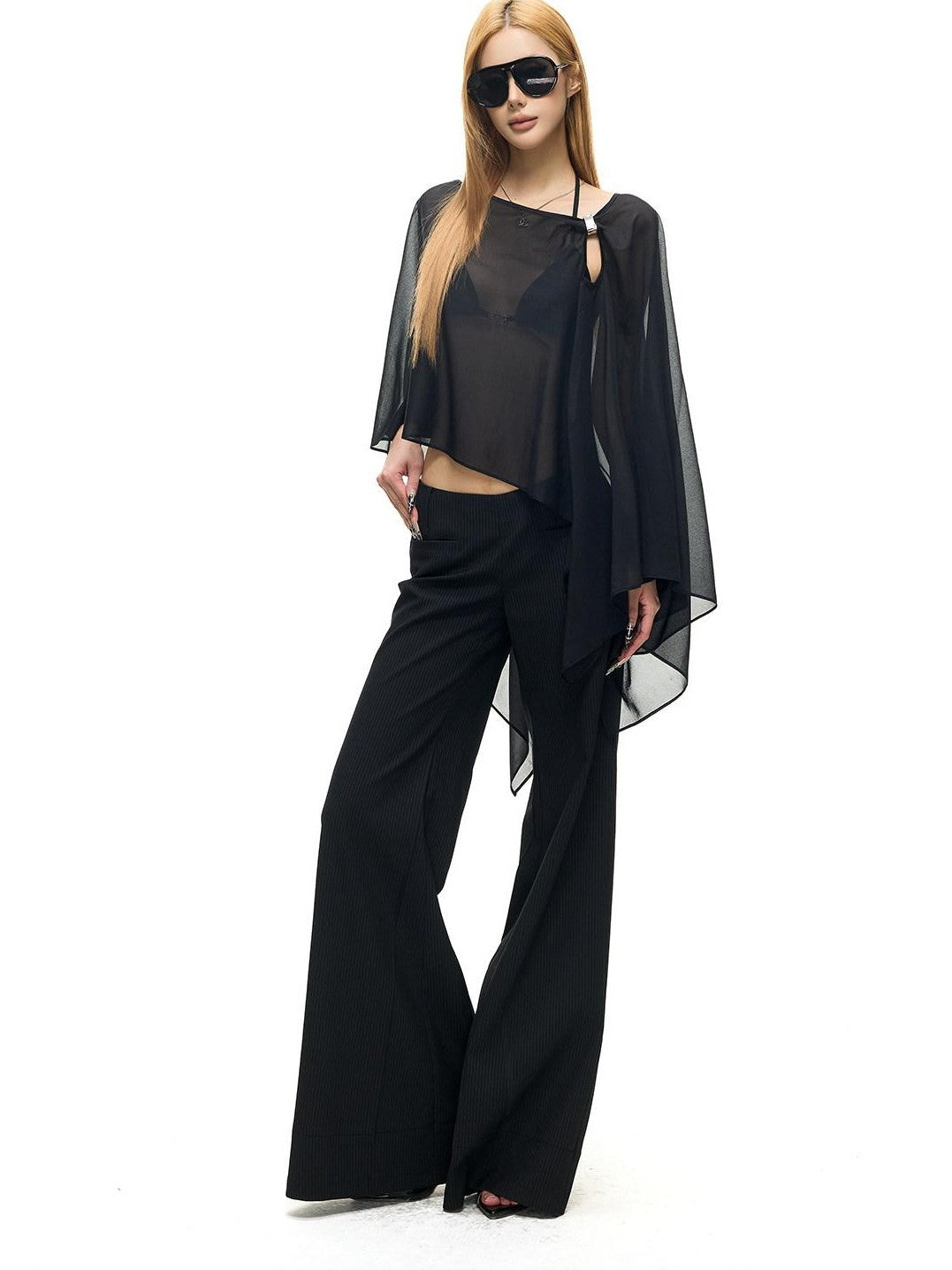 Fanptntox Black Pinstripe Slim Micro Flare Women's Poly Viscose Blend Tailored Pants