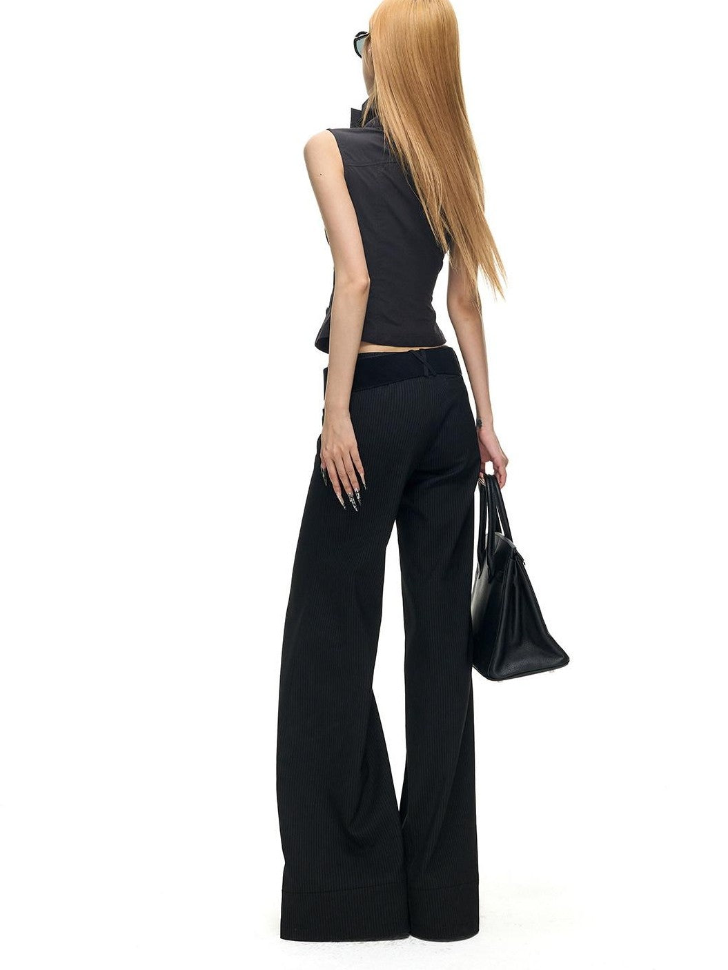 Fanptntox Black Pinstripe Slim Micro Flare Women's Poly Viscose Blend Tailored Pants