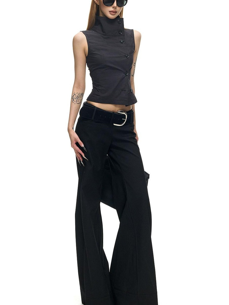 Fanptntox Black Pinstripe Slim Micro Flare Women's Poly Viscose Blend Tailored Pants