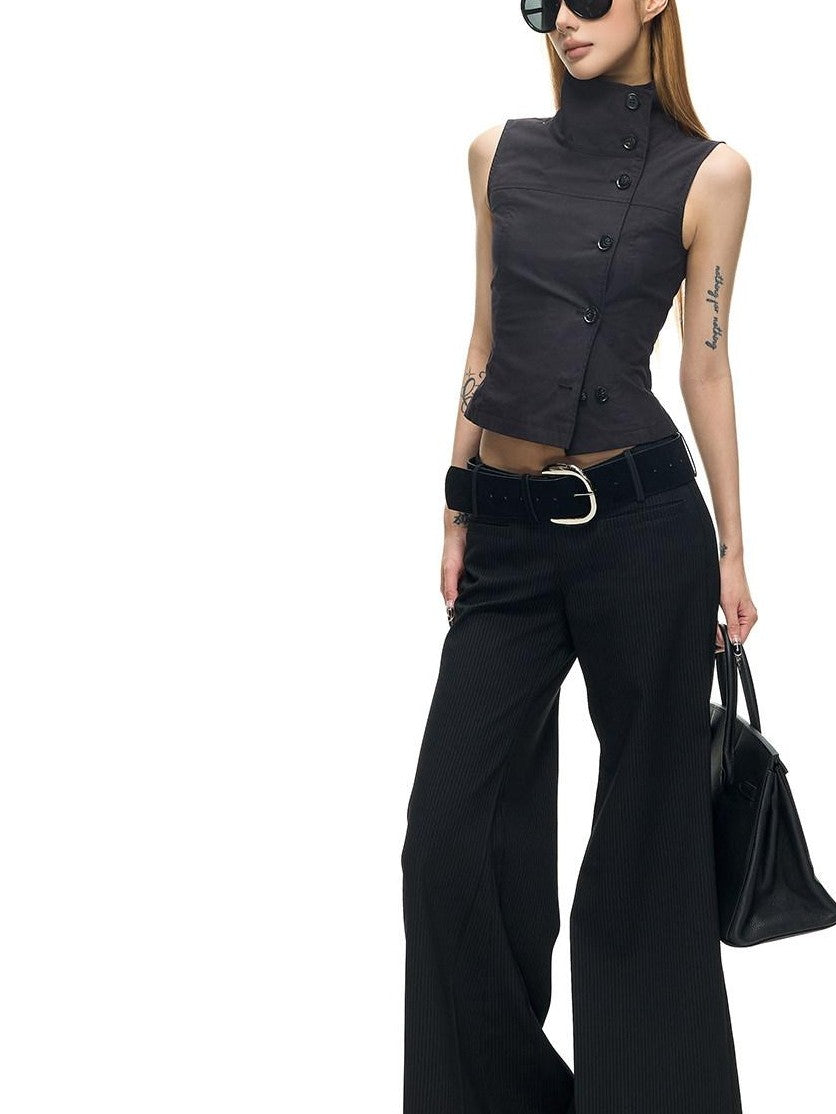 Fanptntox Black Pinstripe Slim Micro Flare Women's Poly Viscose Blend Tailored Pants