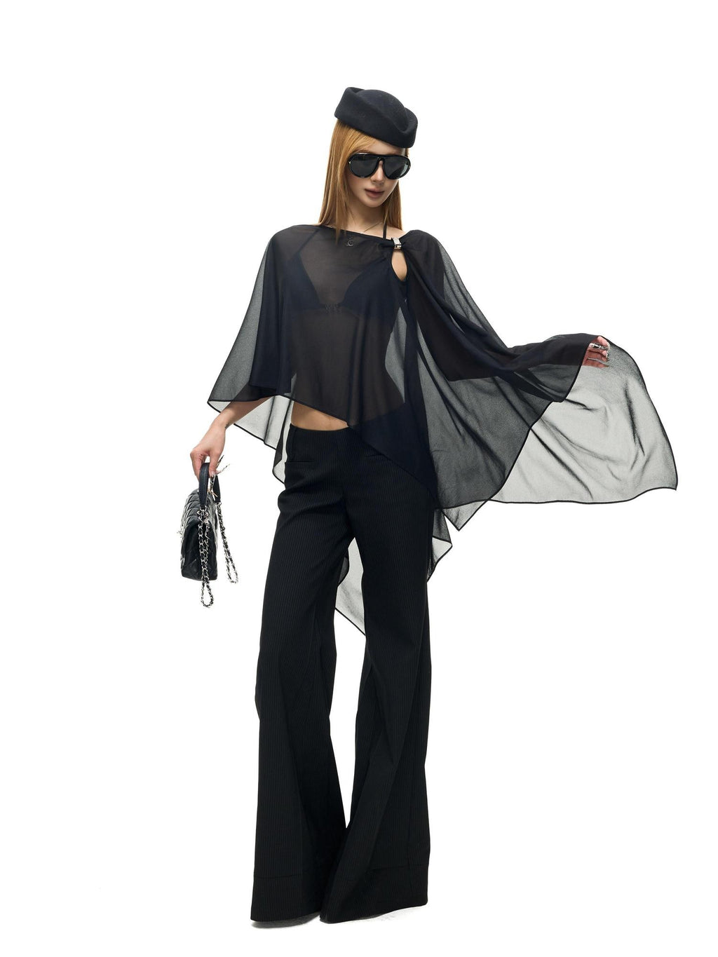 Fanptntox Black Pinstripe Slim Micro Flare Women's Poly Viscose Blend Tailored Pants