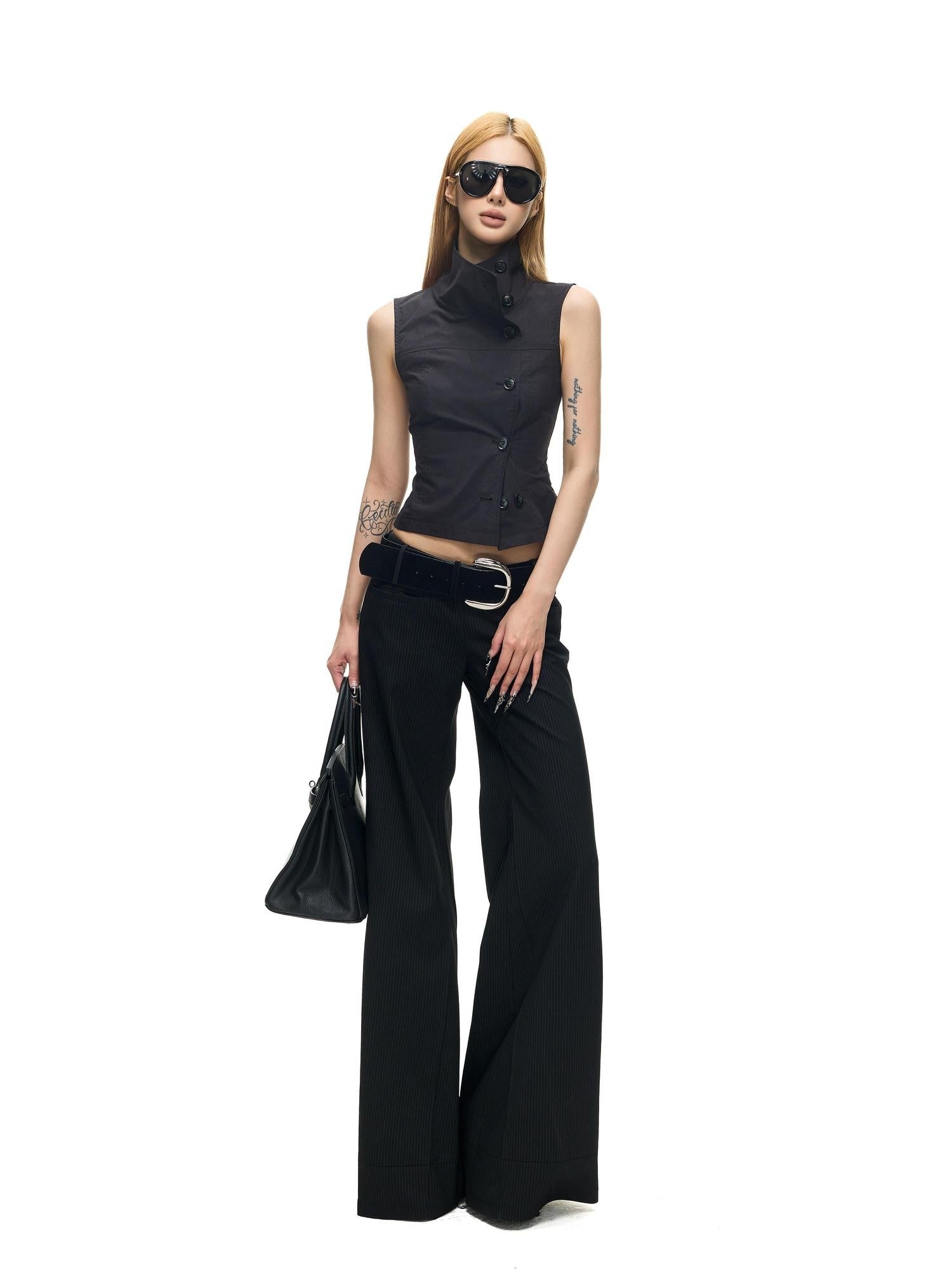 Fanptntox Black Pinstripe Slim Micro Flare Women's Poly Viscose Blend Tailored Pants